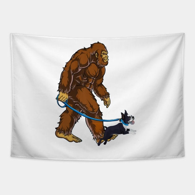 Funny Bigfoot Sasquatch Walking Boston Terrier Tapestry by JameMalbie