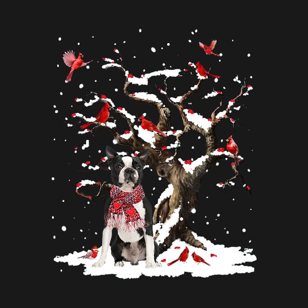 Black Boston Terrier Scarf Cardinal Snow Christmas by cogemma.art