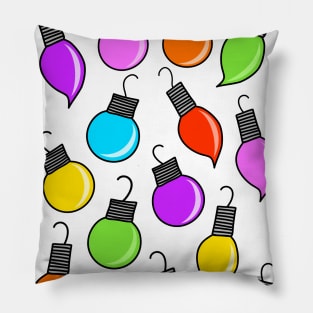 Colorful Rainbow Colored Christmas Ornaments Cartoon Pattern on a White Backdrop, made by EndlessEmporium Pillow