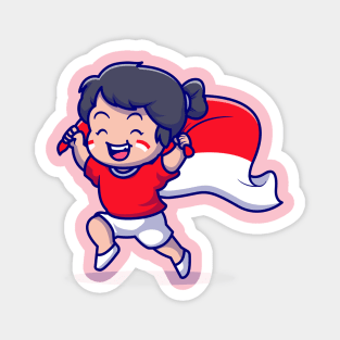 Cute Girl Holding Indonesian Flag Cartoon Magnet