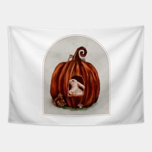 Cute Halloween Pumpkin Watercolor White Rabbit, Mushrooms, and Red Squirrel Tapestry