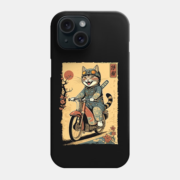 Japanese Samurai Cat on Motorcycle Kawaii Ninja Cat Phone Case by Apocatnipse Meow