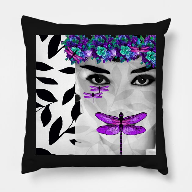 DRAGONFLY WOMAN PURPLE  AND BLUE FLOWERS Pillow by Overthetopsm
