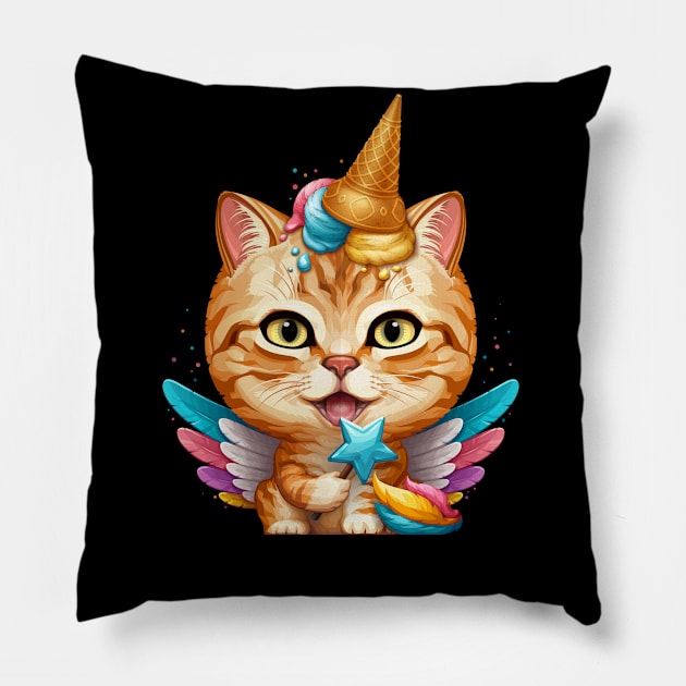 Orange Tabby Cat Ice Cream Unicorn Pillow by stonemask