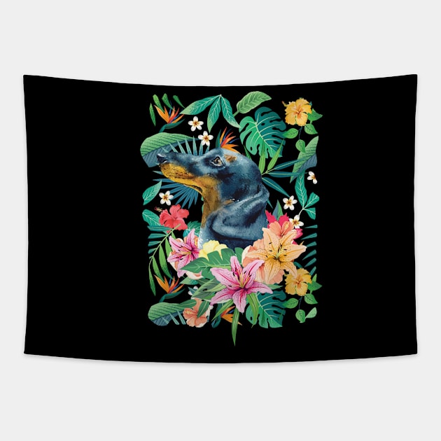 Tropical Black Tan Dachshund Doxie 2 Tapestry by LulululuPainting