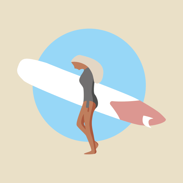 Surf Girl With Longboard In Blue Circle by JDP Designs