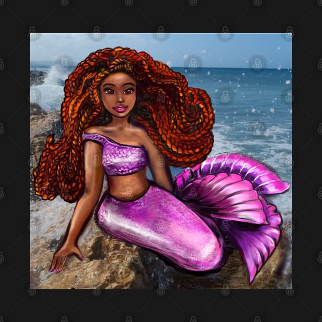 Mermaid relaxing on the rocks  with brown eyes, flowing Afro hair and caramel brown skin by Artonmytee