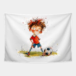 Little Boy Playing Soccer Tapestry