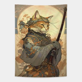 Art Nouveau Traditional Japanese Cat Samurai Knight Tapestry