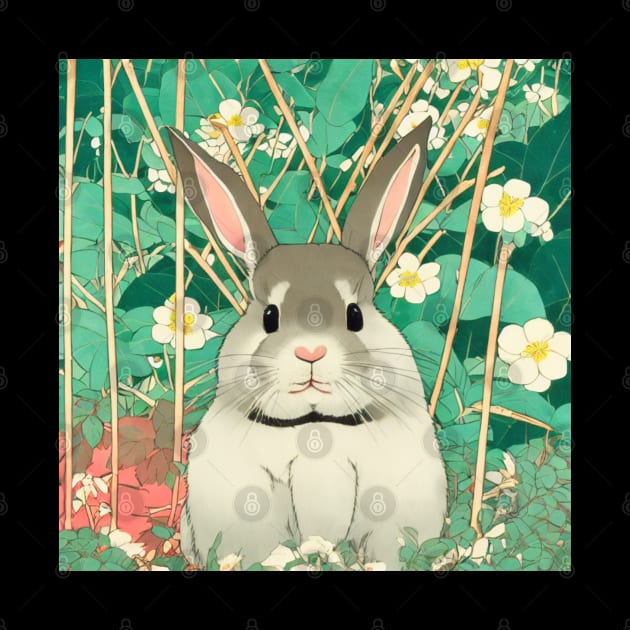 Flower Journey with the Cottagecore Grey American Fuzzy Lop Rabbit Bunny by wigobun