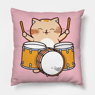 Cute Kawaii Cat Happily Playing Drums Pillow