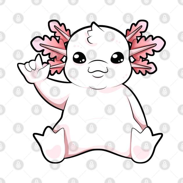 Cartoon axolotl shows I love you - ASL hand gesture by Modern Medieval Design