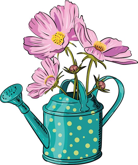 Pink cosmos flowers in a watering can Kids T-Shirt by Catdog