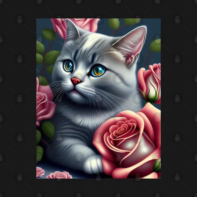 British Shorthair Kitten With Roses by Enchanted Reverie