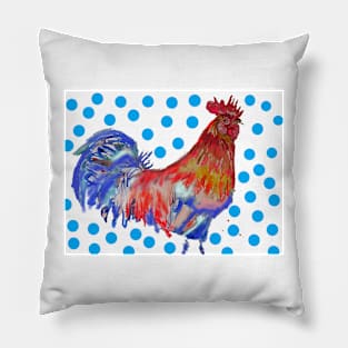 Rooster Watercolor Painting with Blue Polka Dots Pillow