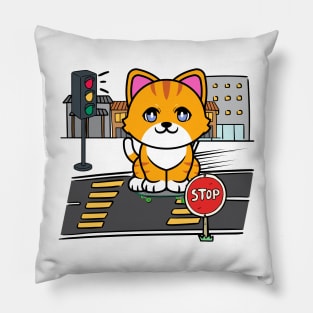 Cute orange cat is skate boarding on the street Pillow