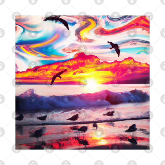 Sunset on the beach with birds by Cotton Candy Art