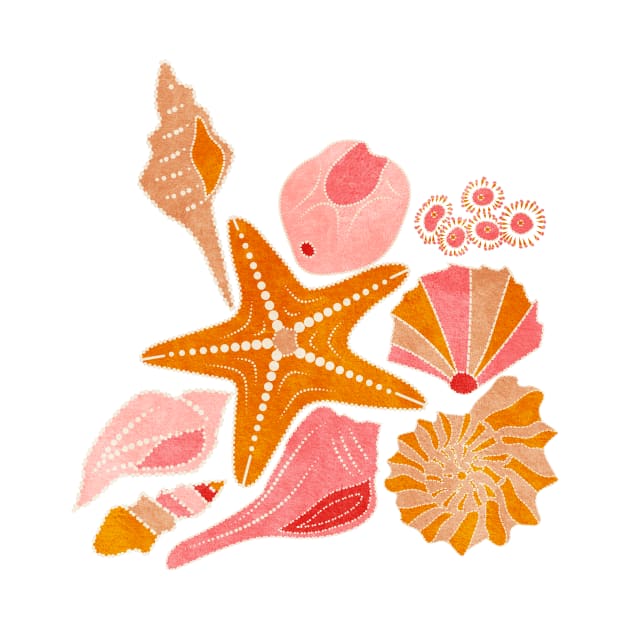 Just Beachy- Seashells Starfish- Beach Combers Delight- Orange Pink by Winkeltriple