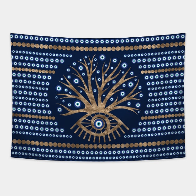 Greek Eye Tree - Mati Mataki gold and dark blue Tapestry by Nartissima