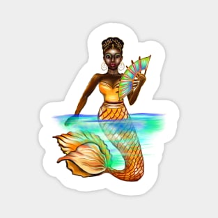 mermaid with gold scales and fan, brown eyes curly Afro hair and dark brown skin. Black mermaids Magnet