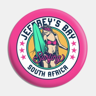 Retro Surfer Babe Badge Jeffrey's Bay South Africa Pin