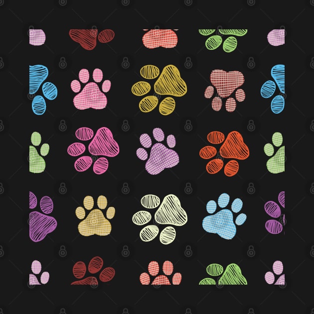 Colorful doodle new paw print seamless fabric design black background by GULSENGUNEL