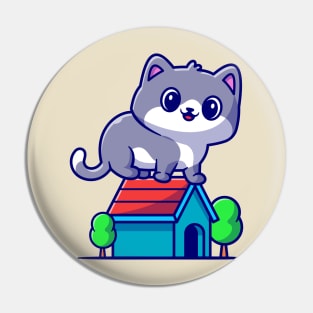 Cute Cat Sitting On House Cartoon Pin