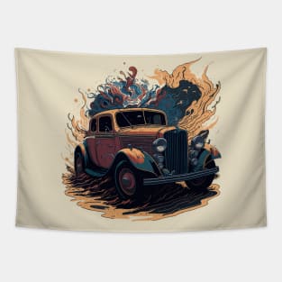 Vintage Vroom: Colorful Two-Dimensional Illustrated Retro Charm Vintage Car Design Tapestry