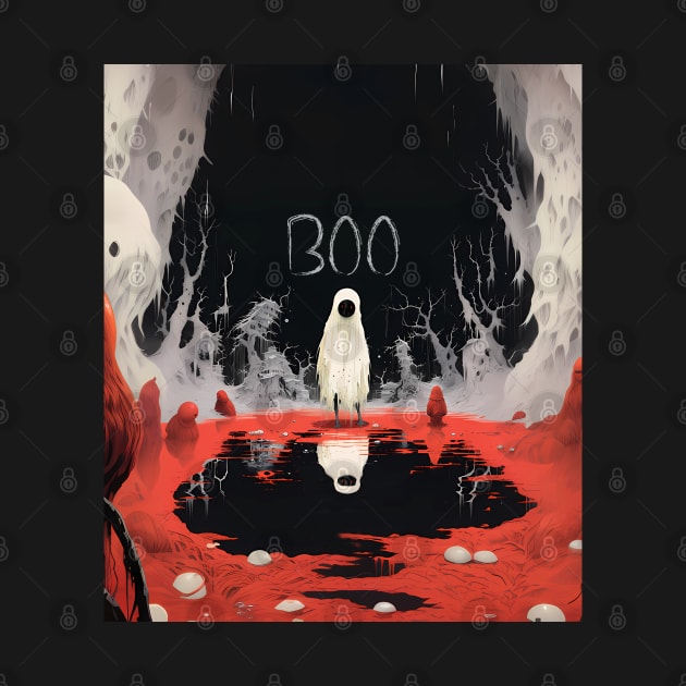 Halloween Boo 2: The White Sheet Ghost with Red Eyes Said "Boo" on a Dark Background by Puff Sumo