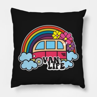 Van Life Cute Retro Cartoon Rainbow Happy Hippy Style Funny Pillow