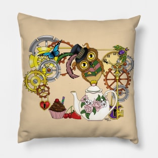 Steampunk Tea Time Owl Pillow