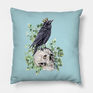 Gothic black raven with skull and crow, skeleton eucaliptus leaves Pillow