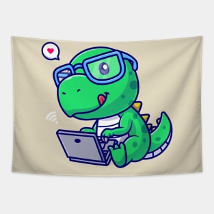 Cute Dino Working On Laptop Cartoon Tapestry