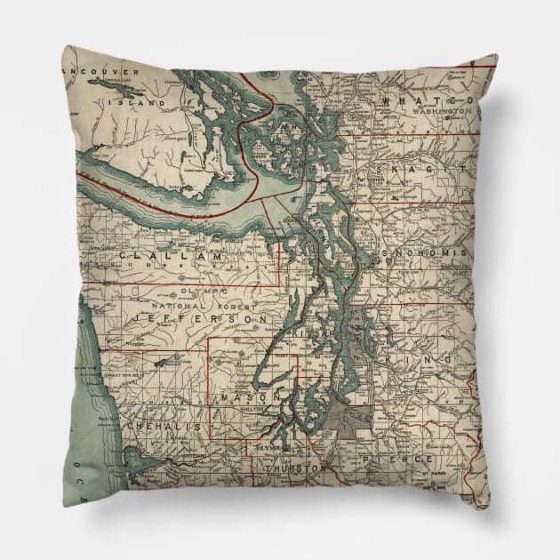 Vintage Map of The Puget Sound (1910) Pillow by Bravuramedia