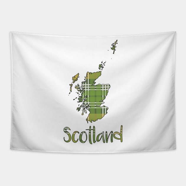 Scotland Green and Yellow Tartan Map Typography Design Tapestry by MacPean