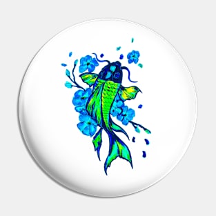 Green Koi Carp Blue Flowers Pin