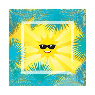 Hello Summer! Happy Sun Smiley Tropical palm frame T-Shirt