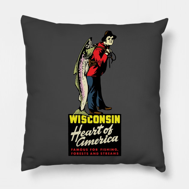 Vintage Wisconsin Fishing Pillow by Kujo Vintage