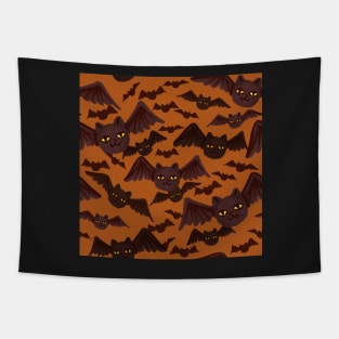 spooky halloween pattern with lots of cat-bats orange Tapestry