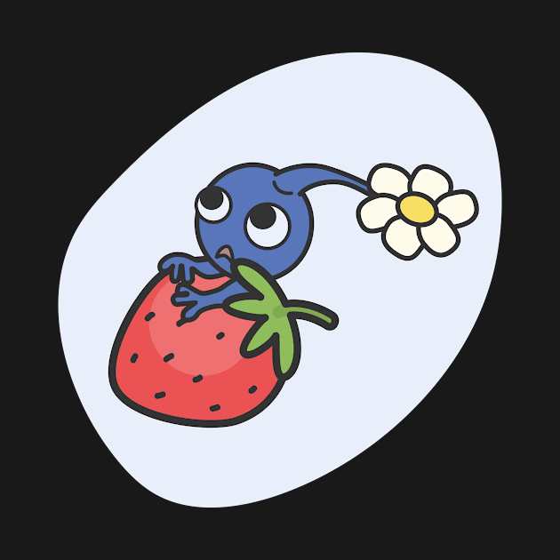 Blue Pikmin on a strawberry by Outofmanapotion