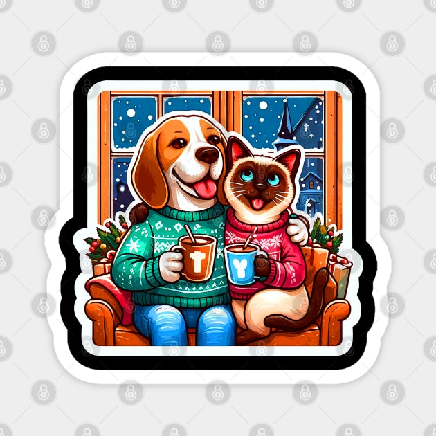 Most Wonderful Time Of The Year Beagle Dog Siamese Cat Ugly Christmas Sweater Hot Chocolate Home Snowing Magnet by Plushism