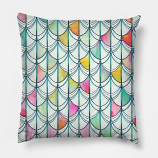 Pencil & Paint Fish Scale Cutout Pattern - white, teal, yellow & pink Pillow