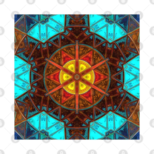 Mosaic Kaleidoscope Flower Blue Orange and Yellow by WormholeOrbital