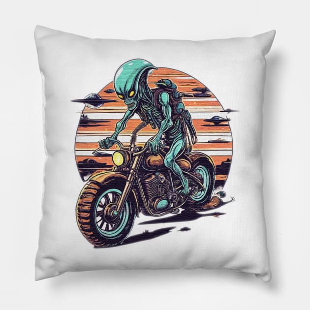 alien riding a motor bike Pillow by JnS Merch Store