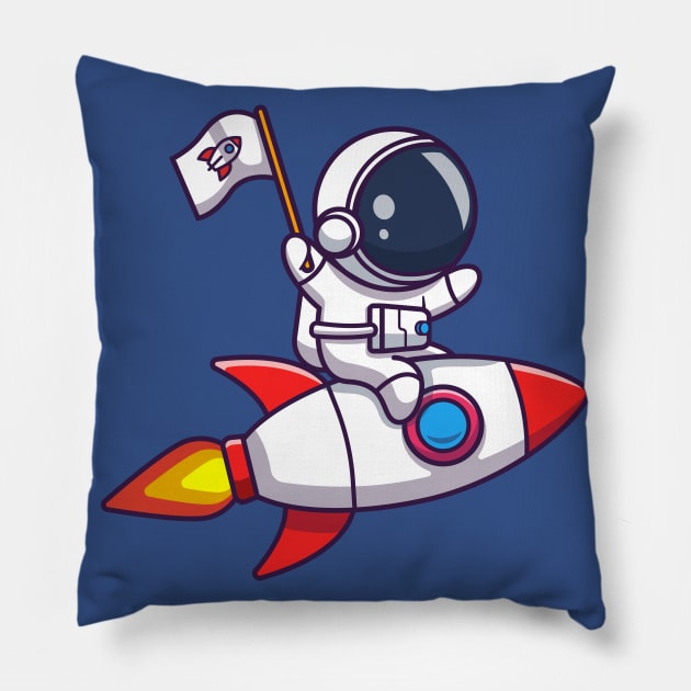 Cute Astronaut Riding Rocket And Holding Flag Cartoon Pillow by Catalyst Labs