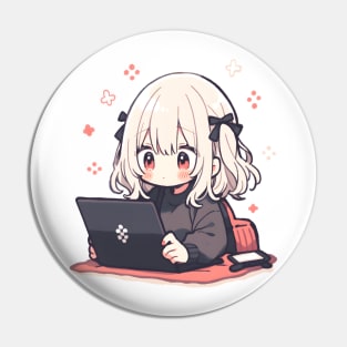 Kawaii Anime girl using laptop Pin