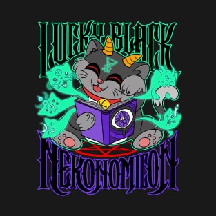 Cute Kawaii Satanic Lucky Black Cat Nekonomicon Necronomicon T-Shirt