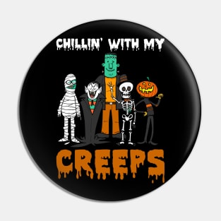 Chillin With My Creeps Mummy Vampire Skeleton Pumpkin Halloween Pin