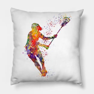 Lacrosse Girl Player Watercolor Painting Pillow