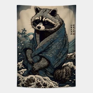 Raccoon and Waves - Traditional Japanese Ukiyoe Painting Tapestry